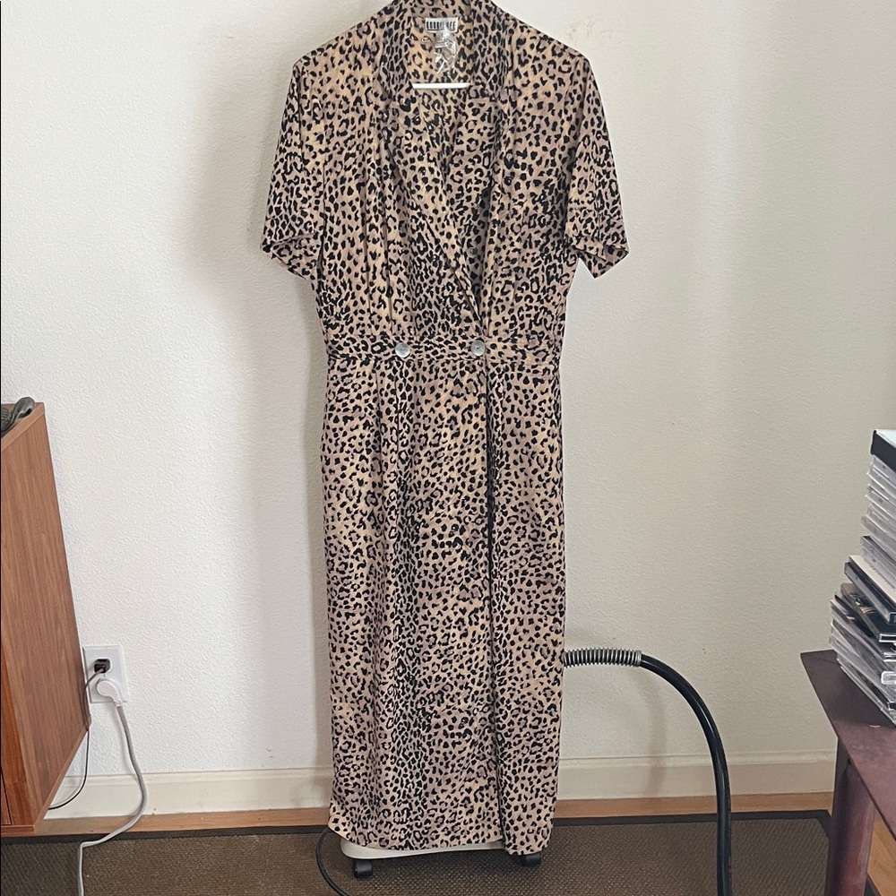 Vintage Faux Wrap Leopard Print Midi Dress